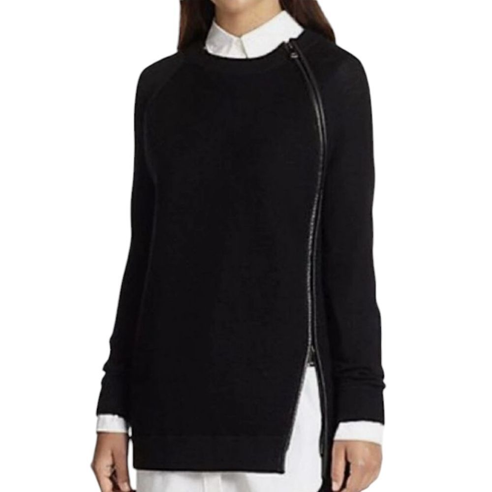 Vince Wool Leather Black Crew Neck Sweater Zip Asymmetrical Design Sz S